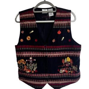 Vintage Fall Patchwork Harvest Embroidered Navy Corduroy Vest Size M (8/10) Y2K
